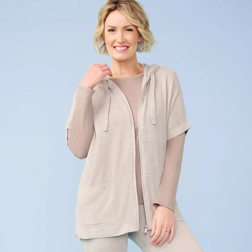 Barefoot Dreams CozyChic Zip Cardigan Sz‎ XXS/XS Oversized Short Sleeve Cream